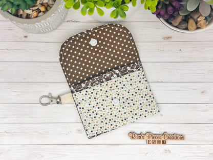 Brown Floral mini keychain wallet, Clip on card wallet with pockets, lanyard coin purse for her, gift for daughter, nurse stocking stuffers