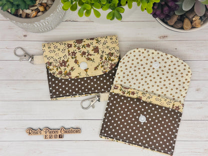 Brown Floral mini keychain wallet, Clip on card wallet with pockets, lanyard coin purse for her, gift for daughter, nurse stocking stuffers