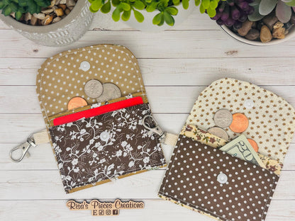 Brown Floral mini keychain wallet, Clip on card wallet with pockets, lanyard coin purse for her, gift for daughter, nurse stocking stuffers
