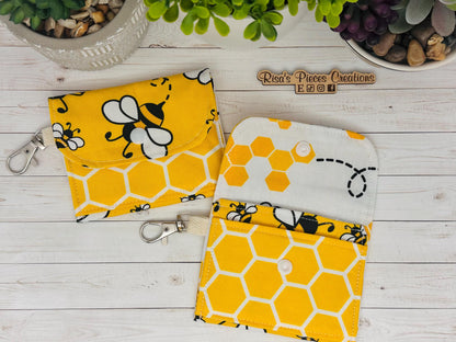 Bees and honeycomb mini keychain wallet, Clip on card wallet with pockets, lanyard coin purse for her, gift for daughter, stocking stuffers
