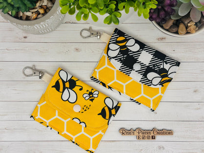 Bees and honeycomb mini keychain wallet, Clip on card wallet with pockets, lanyard coin purse for her, gift for daughter, stocking stuffers
