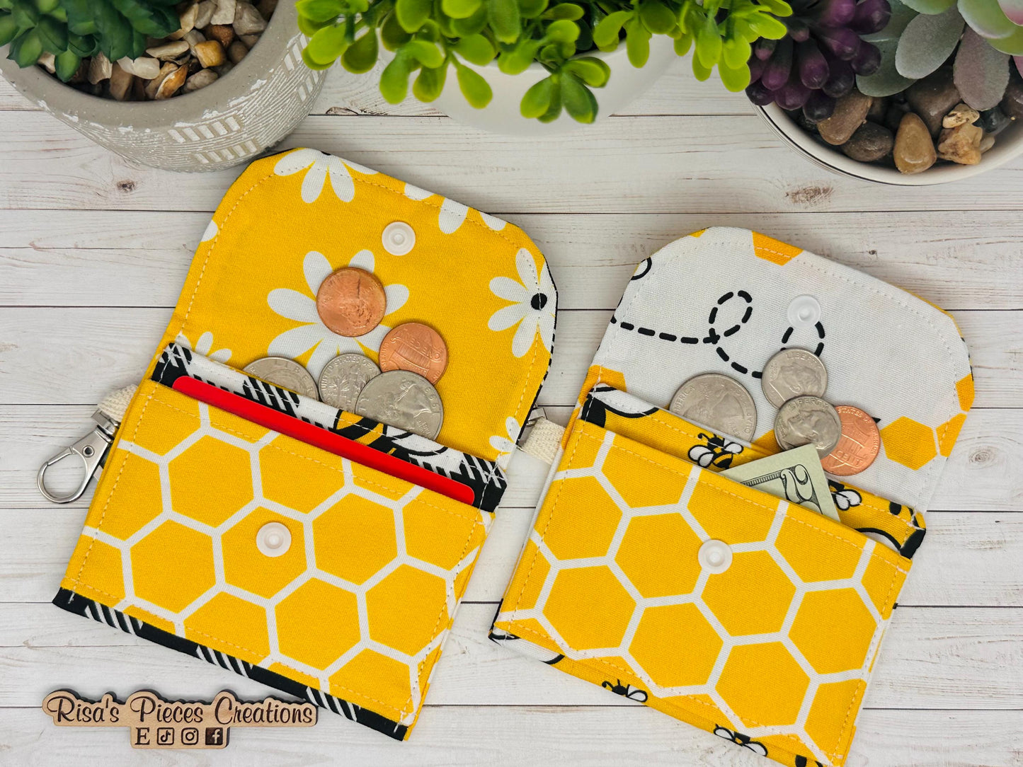 Bees and honeycomb mini keychain wallet, Clip on card wallet with pockets, lanyard coin purse for her, gift for daughter, stocking stuffers