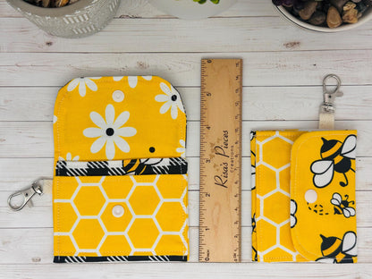 Bees and honeycomb mini keychain wallet, Clip on card wallet with pockets, lanyard coin purse for her, gift for daughter, stocking stuffers