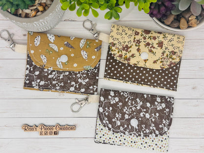 Brown Floral mini keychain wallet, Clip on card wallet with pockets, lanyard coin purse for her, gift for daughter, nurse stocking stuffers