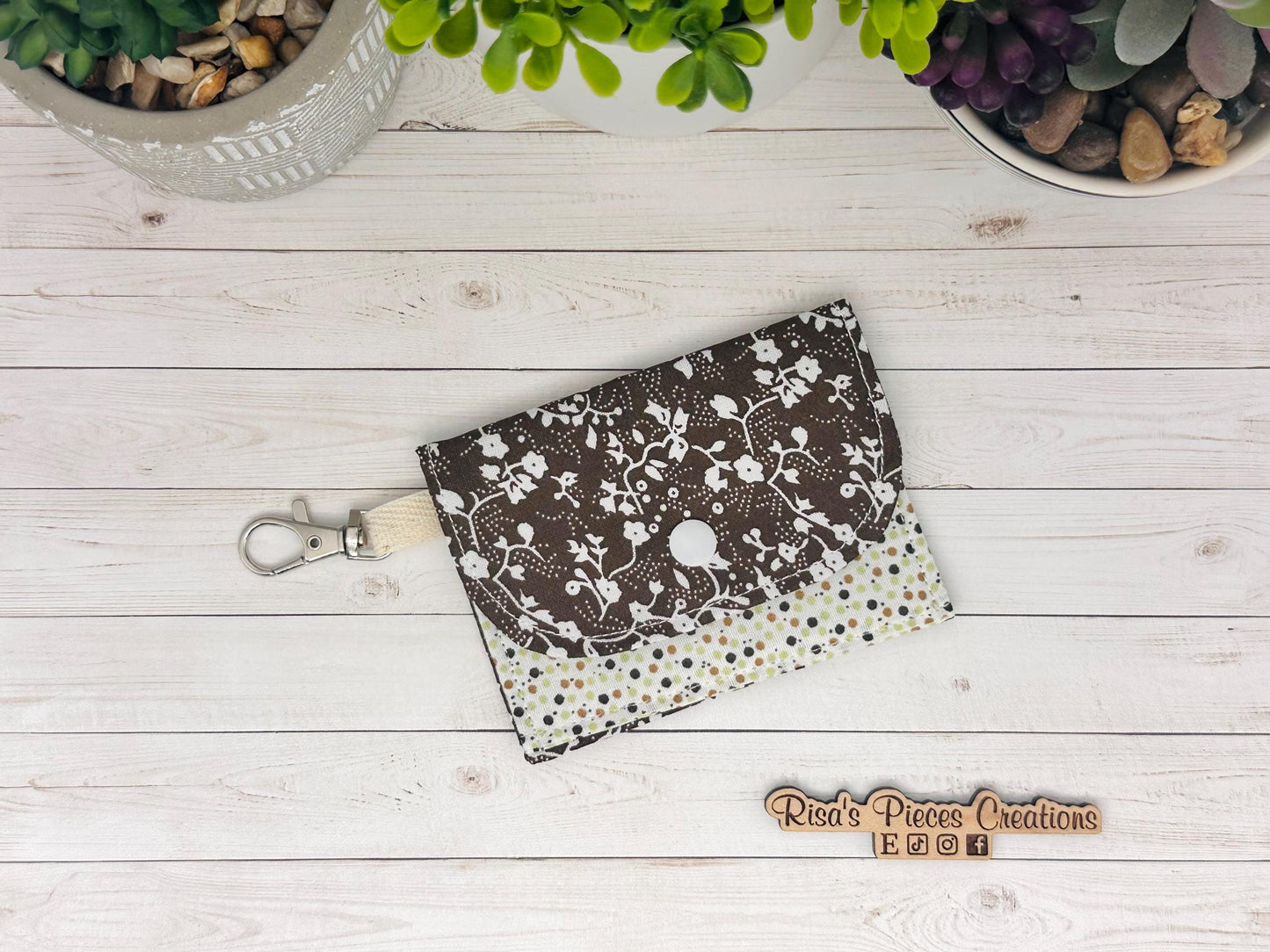 Brown Floral mini keychain wallet, Clip on card wallet with pockets, lanyard coin purse for her, gift for daughter, nurse stocking stuffers