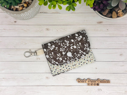 Brown Floral mini keychain wallet, Clip on card wallet with pockets, lanyard coin purse for her, gift for daughter, nurse stocking stuffers