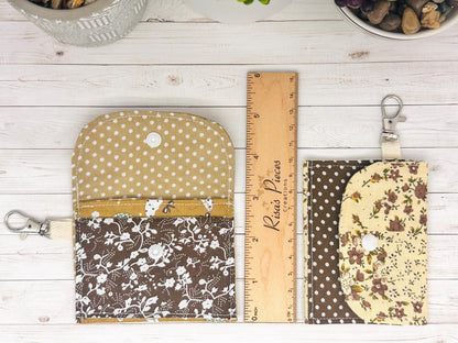 Brown Floral mini keychain wallet, Clip on card wallet with pockets, lanyard coin purse for her, gift for daughter, nurse stocking stuffers