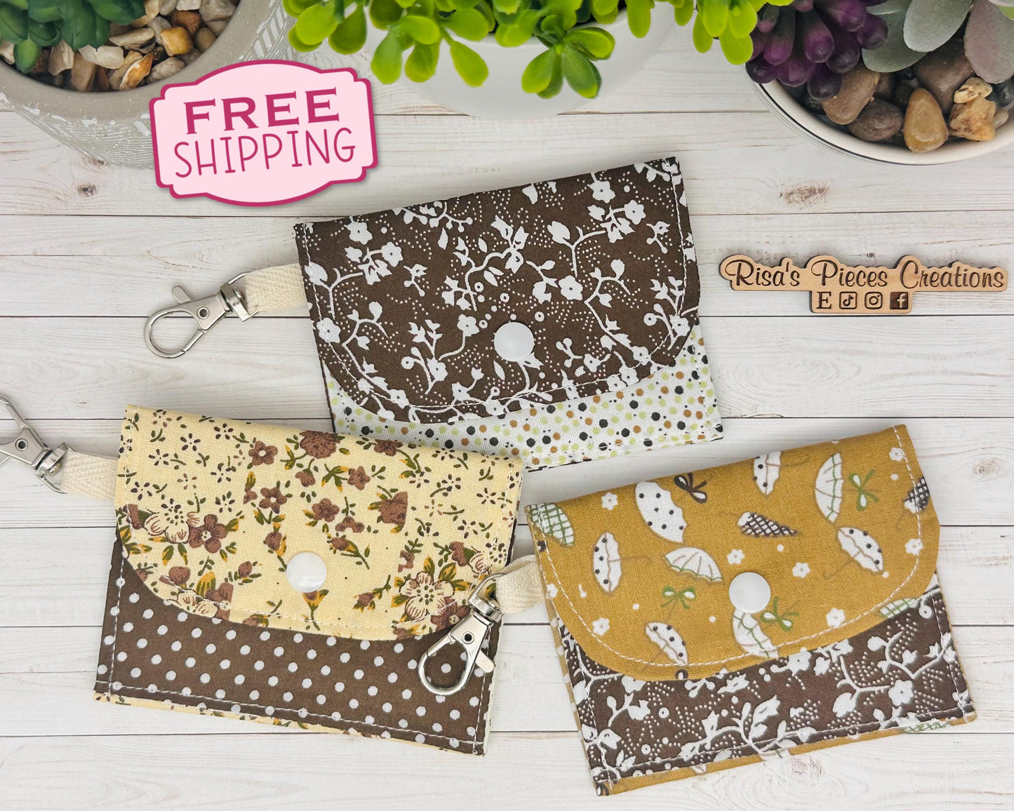 Brown Floral mini keychain wallet, Clip on card wallet with pockets, lanyard coin purse for her, gift for daughter, nurse stocking stuffers