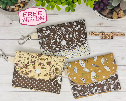 Brown Floral mini keychain wallet, Clip on card wallet with pockets, lanyard coin purse for her, gift for daughter, nurse stocking stuffers