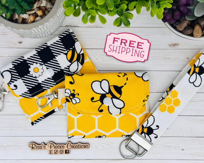 Bees and honeycomb mini keychain wallet, Clip on card wallet with pockets, lanyard coin purse for her, gift for daughter, stocking stuffers