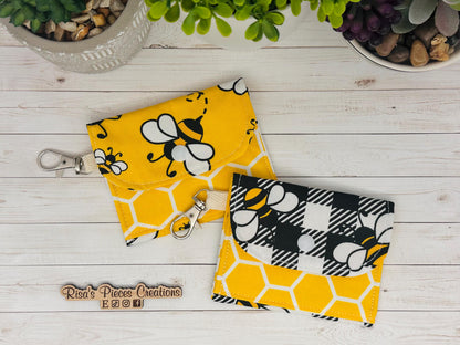 Bees and honeycomb mini keychain wallet, Clip on card wallet with pockets, lanyard coin purse for her, gift for daughter, stocking stuffers