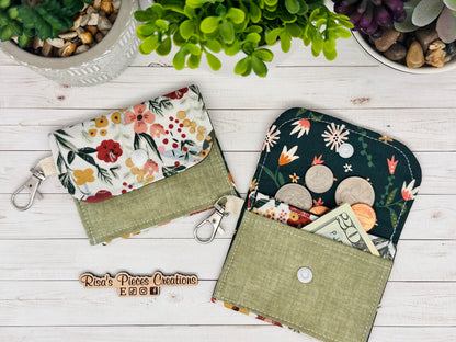 Green Floral mini keychain wallet, Clip on card wallet with pockets, lanyard coin purse for her, gift for daughter, stocking stuffer for Mom