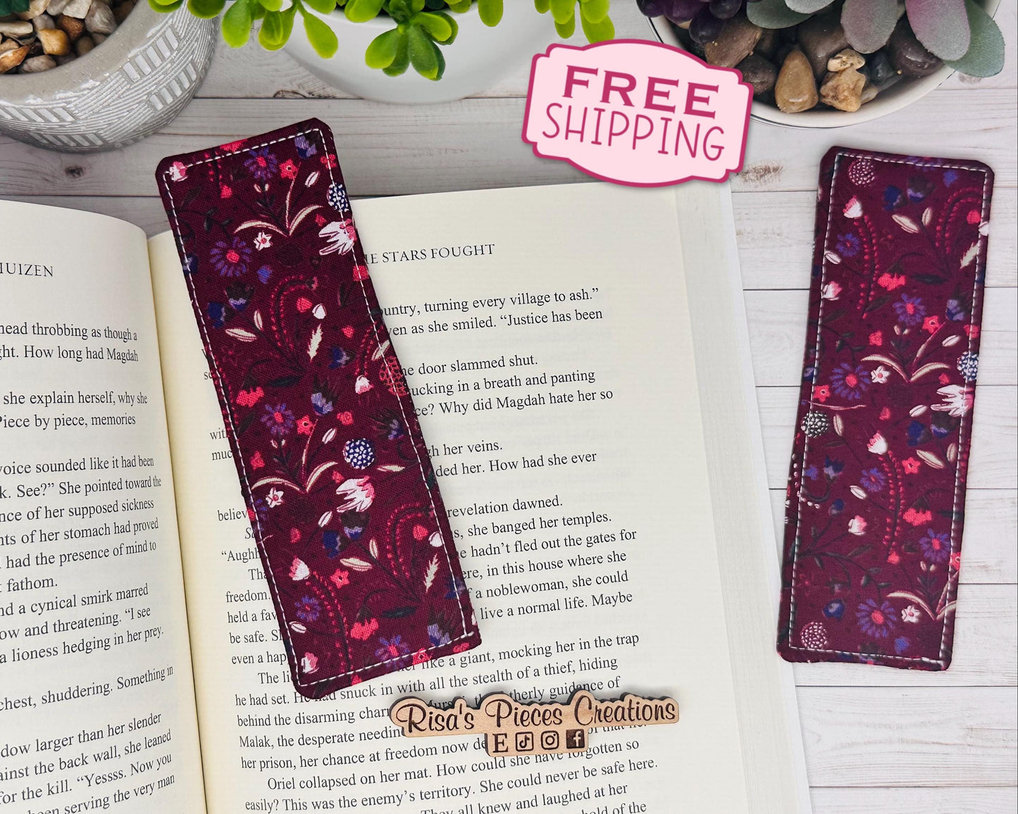 Burgundy Floral Fabric Bookmark, book club gift for reader, Stocking stuffer for book lover, best friend teacher gift, for mom, For teacher
