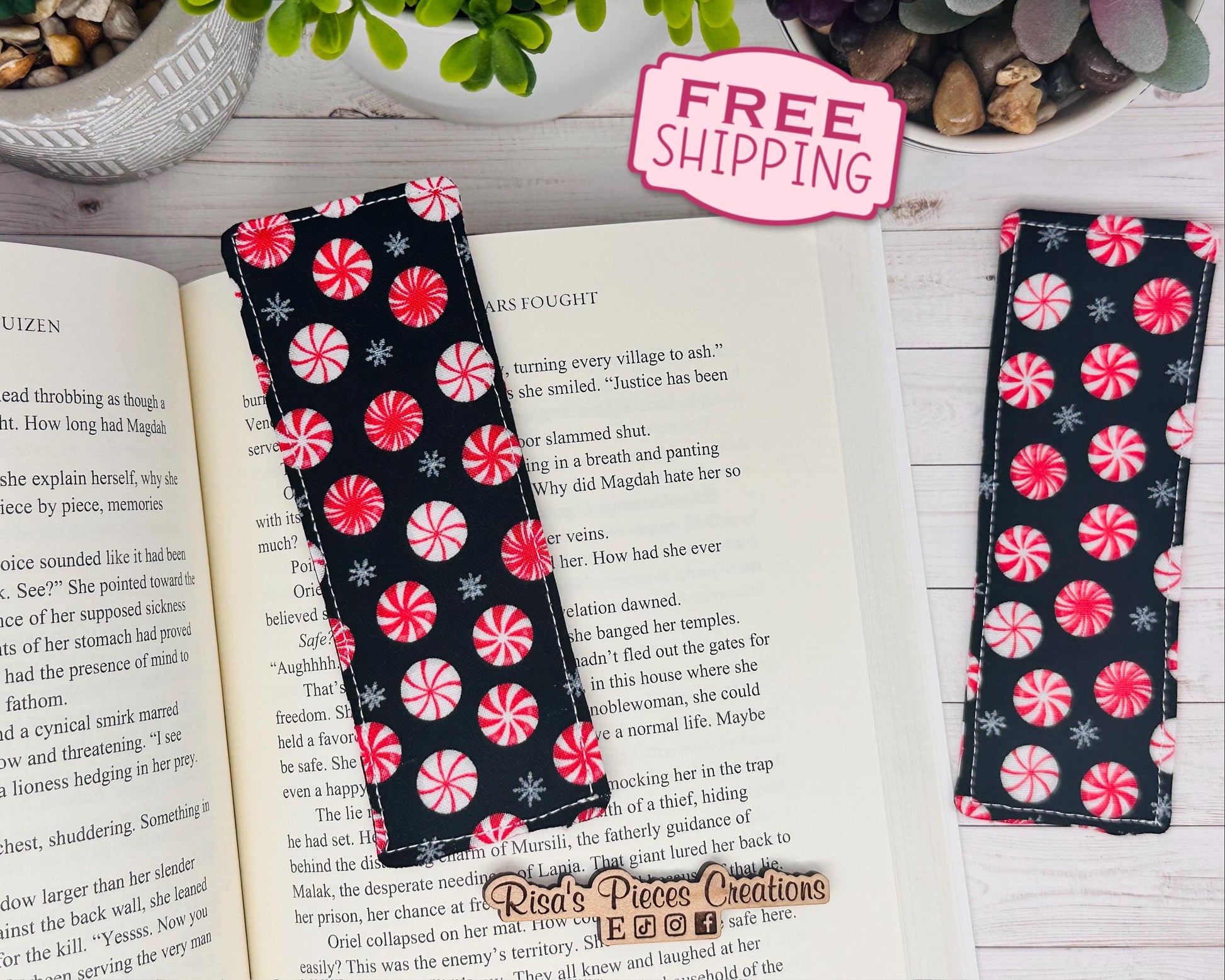 Peppermint Fabric Bookmark, book club gift for reader, Stocking stuffer for book lover, best friend teacher gift, for mom, christmas gift