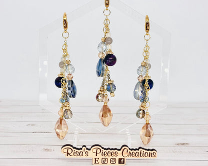 Blue Beaded Bag Charm, Handmade Agate Tigers Eye Keychain, Gold Plated Sparkly Purse Accessory, Phone Charm, Mothers Day Gift for Her