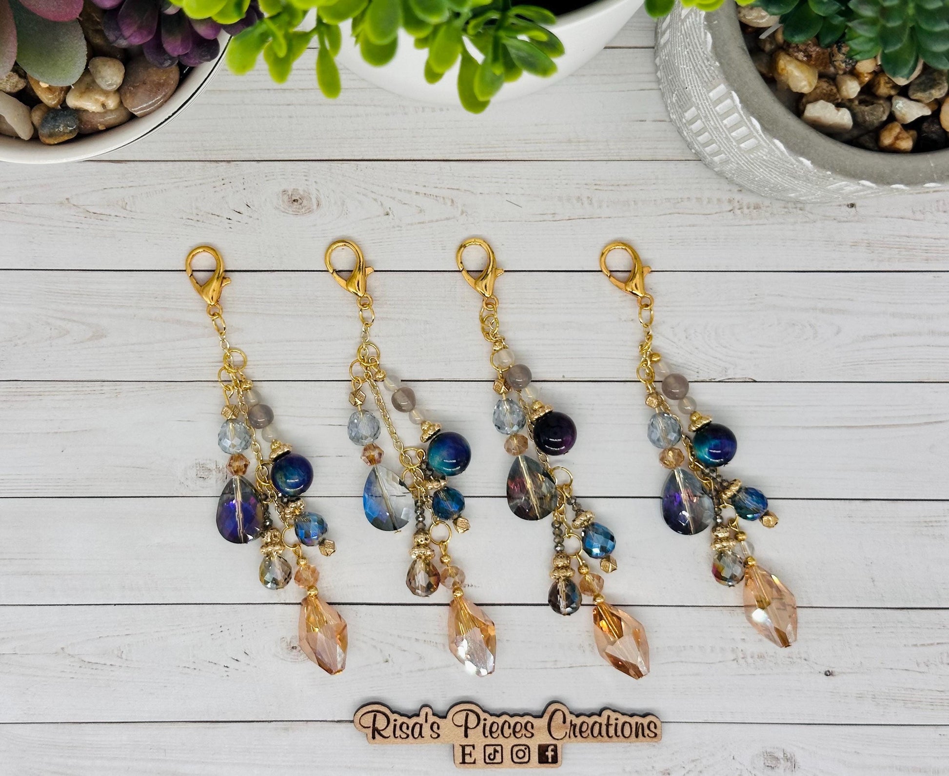 Blue Beaded Bag Charm, Handmade Agate Tigers Eye Keychain, Gold Plated Sparkly Purse Accessory, Phone Charm, Mothers Day Gift for Her