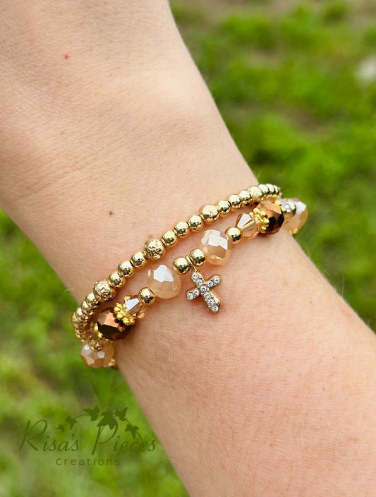 Blessed in Bronze Bracelet, Crystal Beaded Cross Bracelet, Faith Jewelry, Religious Gift for Women, Birthday Gift for Her, for Wife