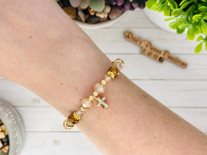 Blessed in Bronze Bracelet, Crystal Beaded Cross Bracelet, Faith Jewelry, Religious Gift for Women, Birthday Gift for Her, for Wife