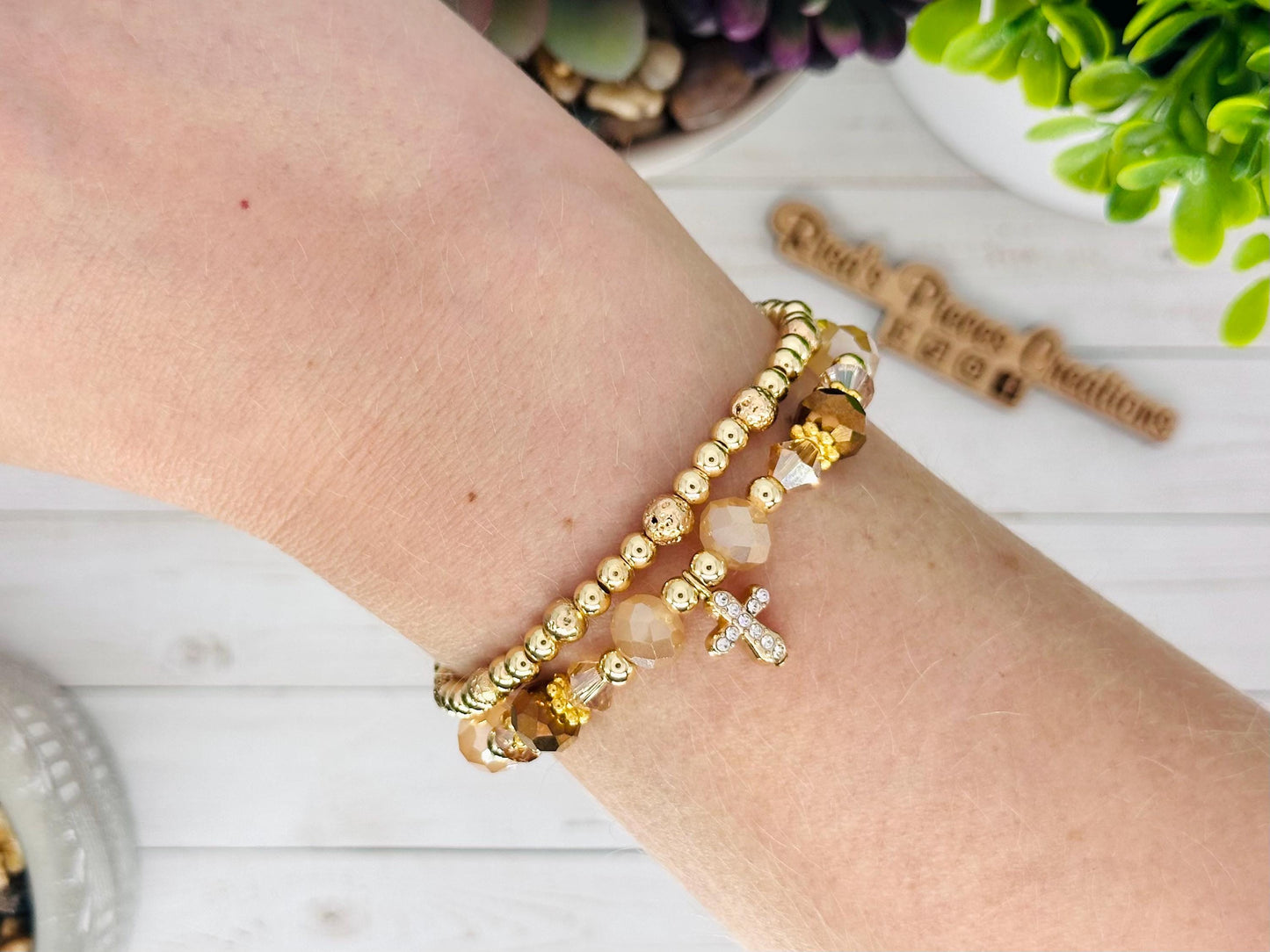 Blessed in Bronze Bracelet, Crystal Beaded Cross Bracelet, Faith Jewelry, Religious Gift for Women, Birthday Gift for Her, for Wife