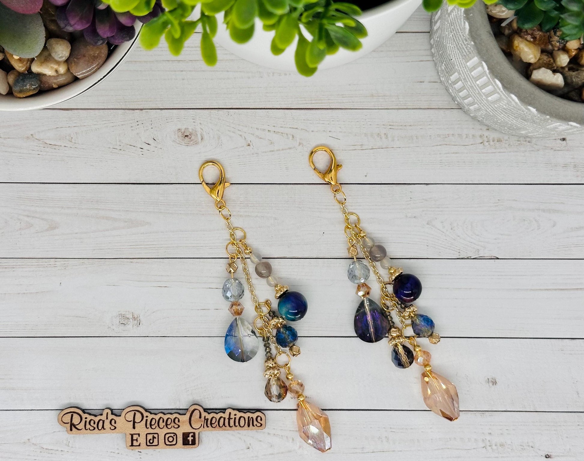 Blue Beaded Bag Charm, Handmade Agate Tigers Eye Keychain, Gold Plated Sparkly Purse Accessory, Phone Charm, Mothers Day Gift for Her