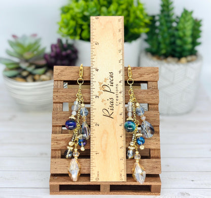 Blue Beaded Bag Charm, Handmade Agate Tigers Eye Keychain, Gold Plated Sparkly Purse Accessory, Phone Charm, Mothers Day Gift for Her