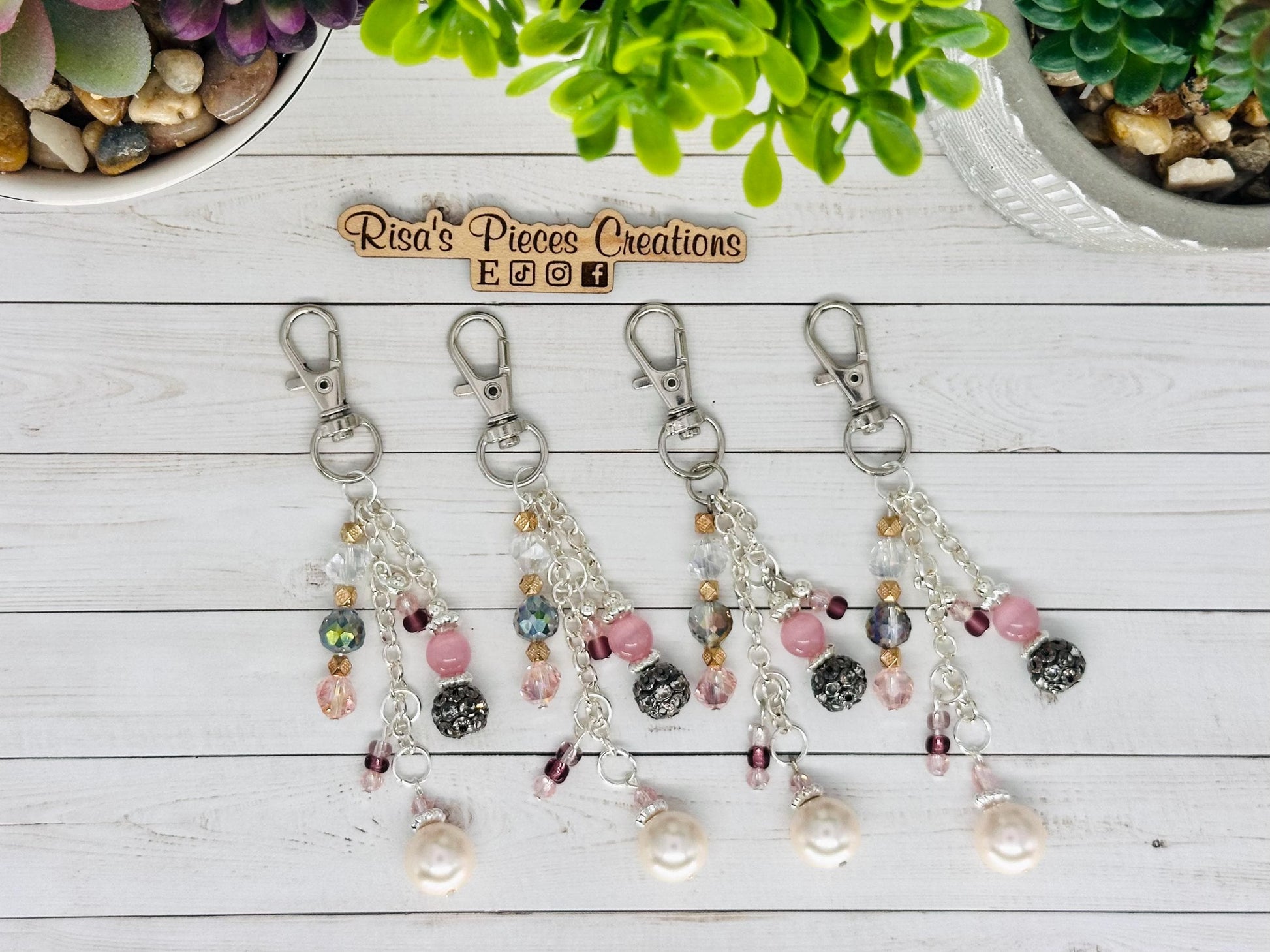 Pink and Pearl Beaded Bag Charm, Handmade Keychain, Silver Sparkly Purse Accessory, Phone Charm, Mothers Day Gift for Her Birthday Gift Idea