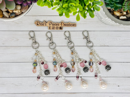 Pink and Pearl Beaded Bag Charm, Handmade Keychain, Silver Sparkly Purse Accessory, Phone Charm, Mothers Day Gift for Her Birthday Gift Idea