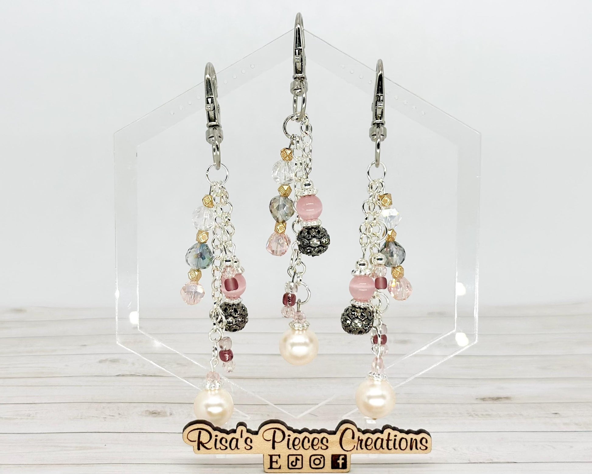 Pink and Pearl Beaded Bag Charm, Handmade Keychain, Silver Sparkly Purse Accessory, Phone Charm, Mothers Day Gift for Her Birthday Gift Idea