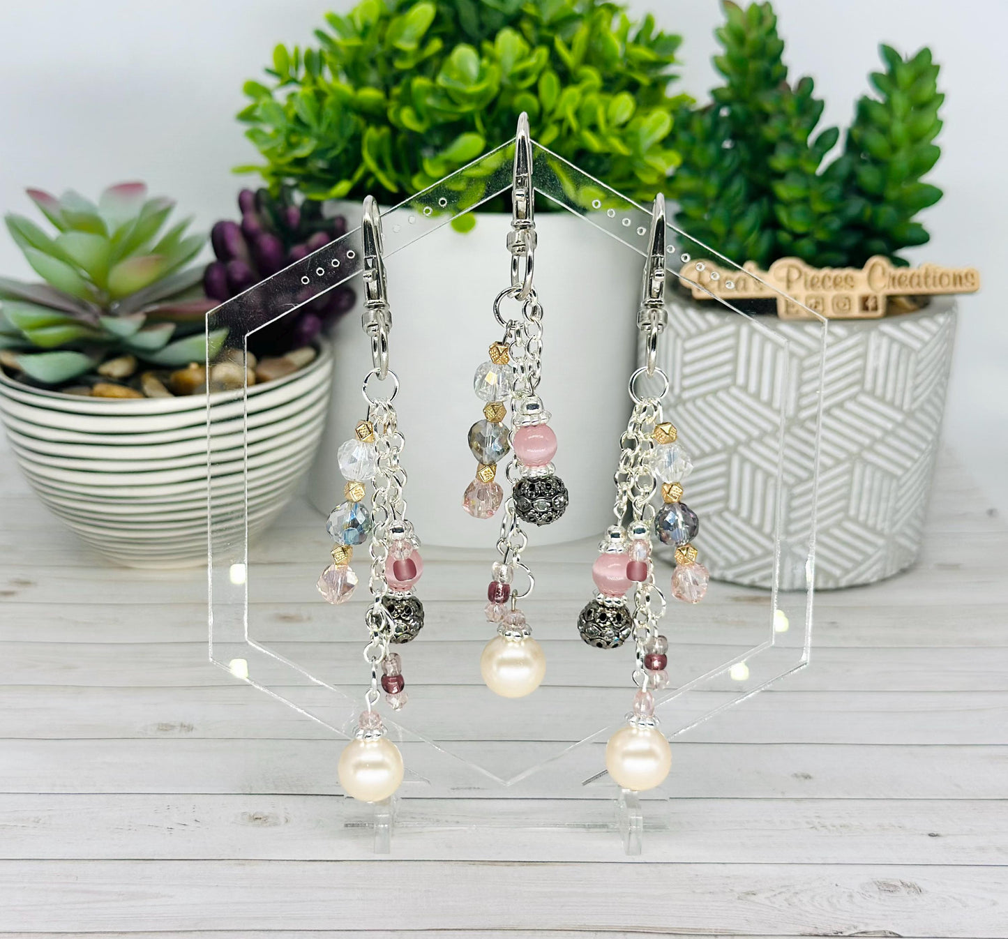 Pink and Pearl Beaded Bag Charm, Handmade Keychain, Silver Sparkly Purse Accessory, Phone Charm, Mothers Day Gift for Her Birthday Gift Idea