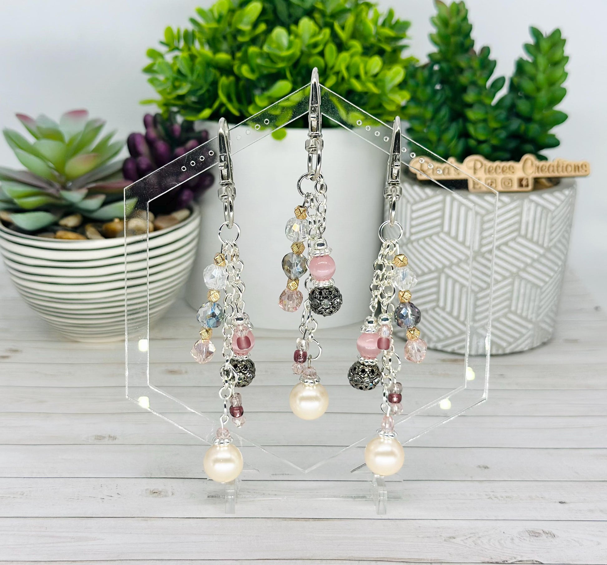 Pink and Pearl Beaded Bag Charm, Handmade Keychain, Silver Sparkly Purse Accessory, Phone Charm, Mothers Day Gift for Her Birthday Gift Idea