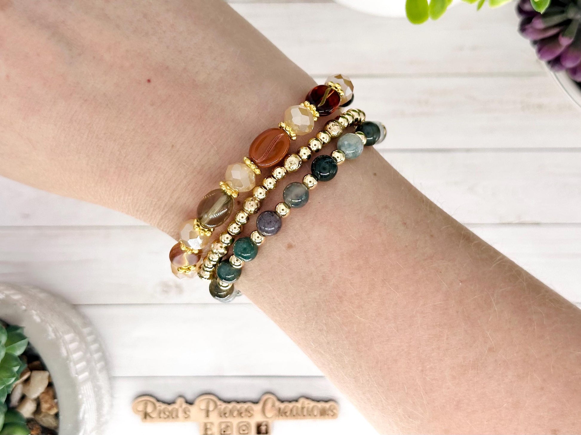 Vanilla Latte Bracelet, Coffee Bean & Cream Beaded Stretch Bracelet, Gift for Coffee Lovers, Boho Cottage core Jewelry, Teacher Appreciation