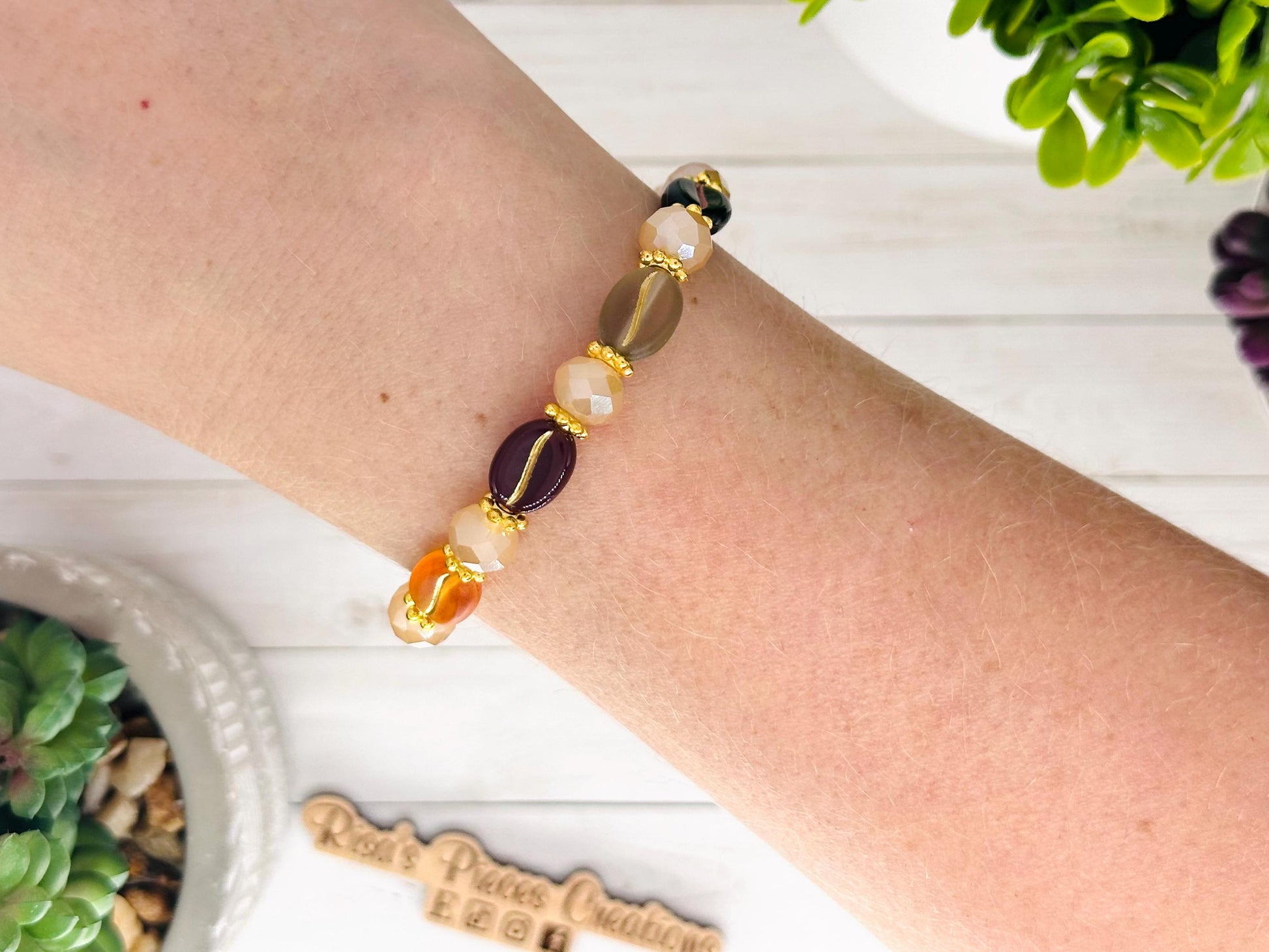 Vanilla Latte Bracelet, Coffee Bean & Cream Beaded Stretch Bracelet, Gift for Coffee Lovers, Boho Cottage core Jewelry, Teacher Appreciation