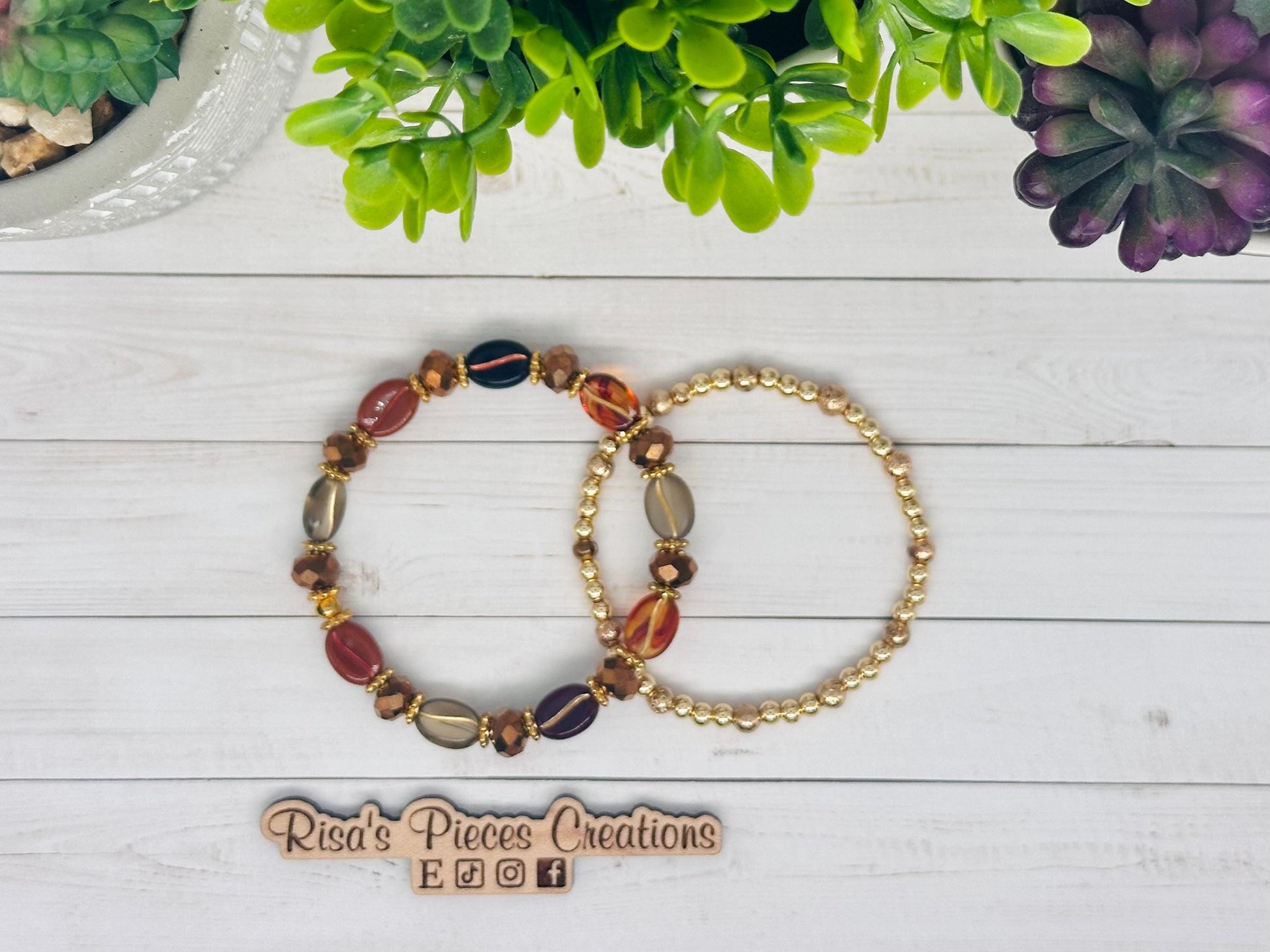 Café Mocha Beaded Stretch Bracelet, Coffee Bean Boho Bead Bracelet, Coffee Lover Gift, Handmade Jewelry, Teacher Appreciation Gift for Her