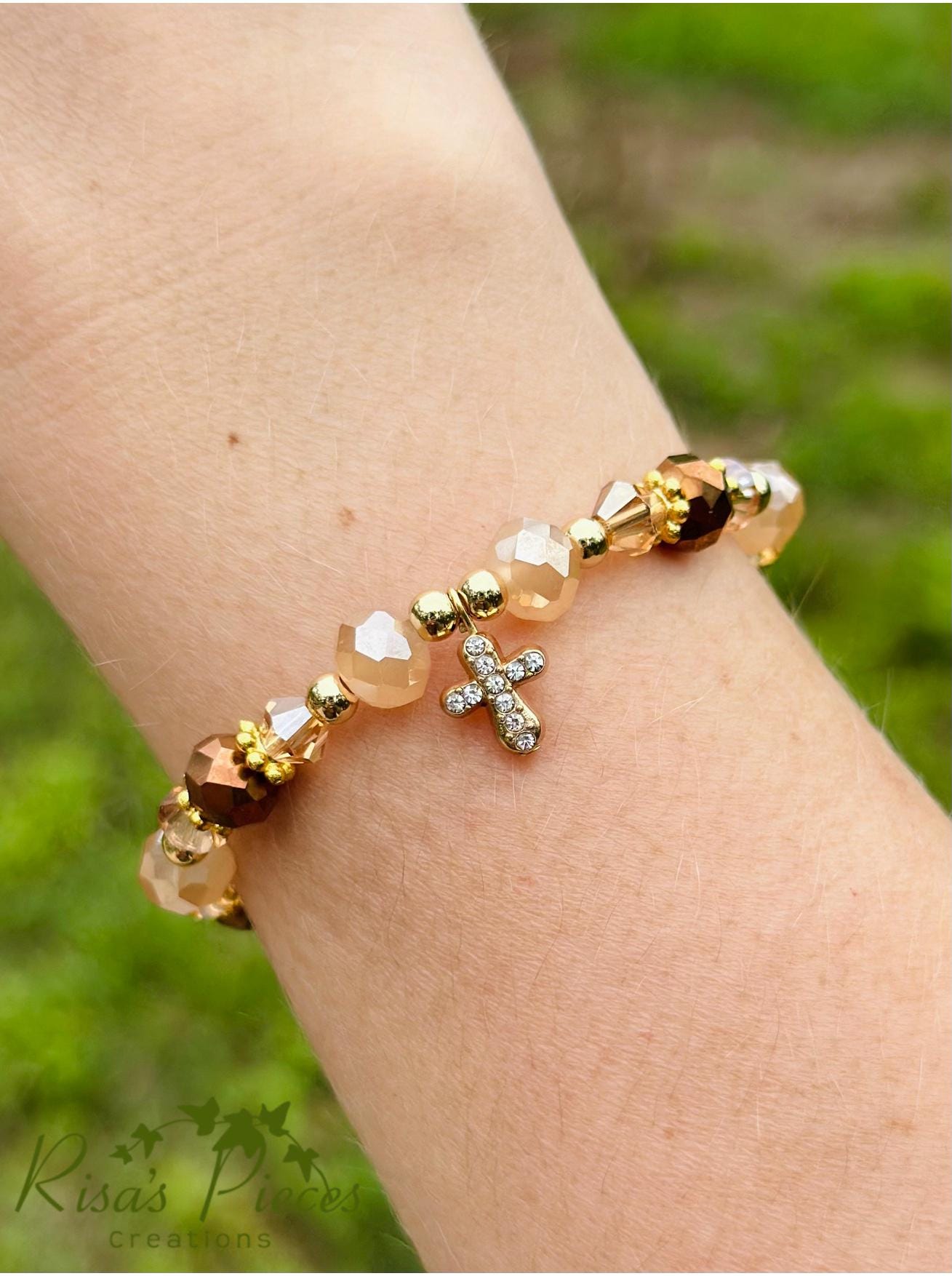 Blessed in Bronze Bracelet, Crystal Beaded Cross Bracelet, Faith Jewelry, Religious Gift for Women, Birthday Gift for Her, for Wife