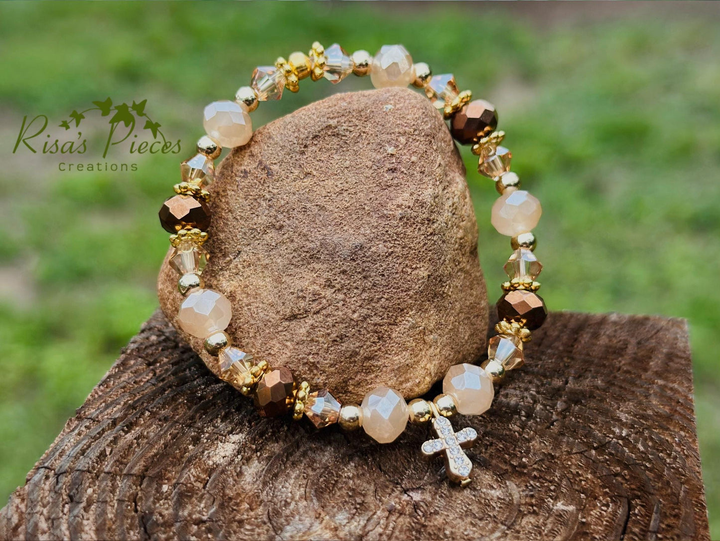 Blessed in Bronze Bracelet, Crystal Beaded Cross Bracelet, Faith Jewelry, Religious Gift for Women, Birthday Gift for Her, for Wife