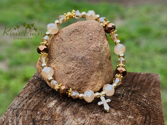 Blessed in Bronze Bracelet, Crystal Beaded Cross Bracelet, Faith Jewelry, Religious Gift for Women, Birthday Gift for Her, for Wife