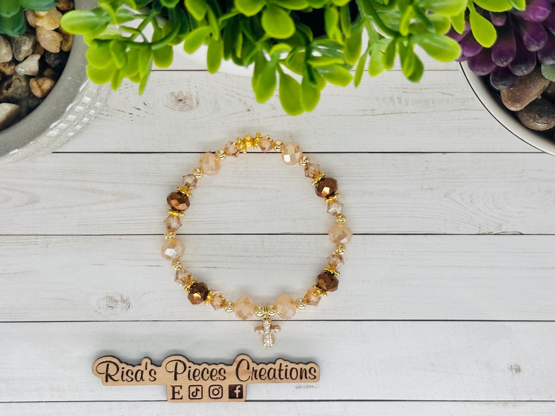 Blessed in Bronze Bracelet, Crystal Beaded Cross Bracelet, Faith Jewelry, Religious Gift for Women, Birthday Gift for Her, for Wife