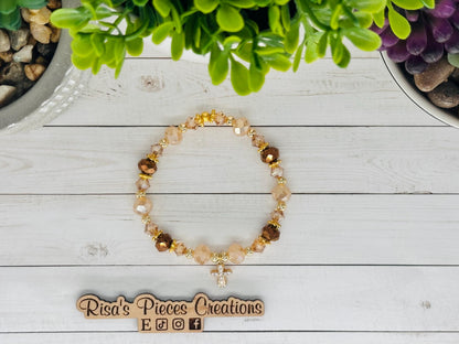 Blessed in Bronze Bracelet, Crystal Beaded Cross Bracelet, Faith Jewelry, Religious Gift for Women, Birthday Gift for Her, for Wife