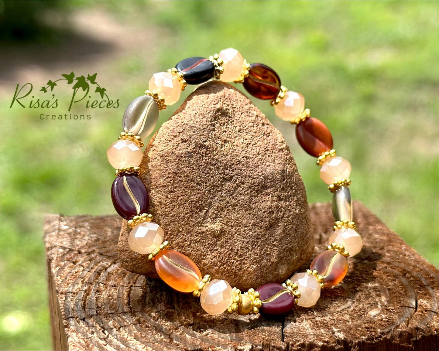 Vanilla Latte Bracelet, Coffee Bean & Cream Beaded Stretch Bracelet, Gift for Coffee Lovers, Boho Cottage core Jewelry, Teacher Appreciation