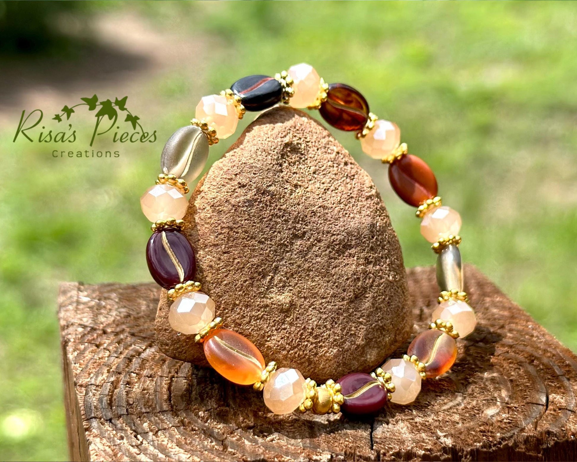 Vanilla Latte Bracelet, Coffee Bean & Cream Beaded Stretch Bracelet, Gift for Coffee Lovers, Boho Cottage core Jewelry, Teacher Appreciation