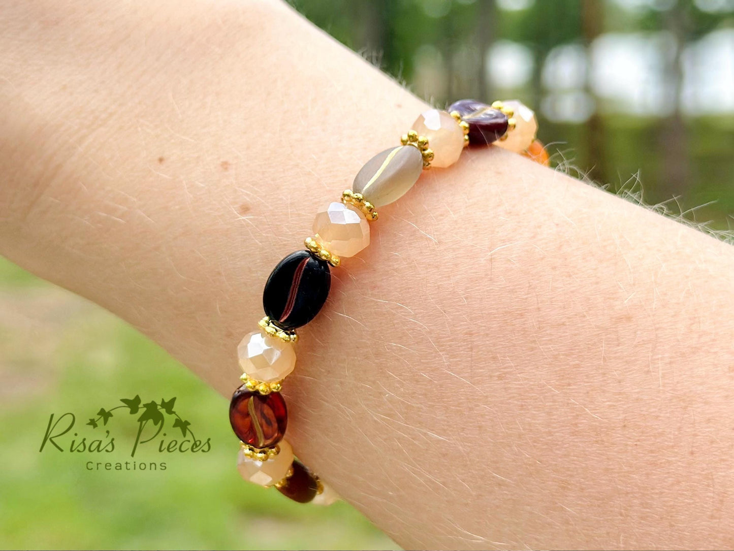 Vanilla Latte Bracelet, Coffee Bean & Cream Beaded Stretch Bracelet, Gift for Coffee Lovers, Boho Cottage core Jewelry, Teacher Appreciation