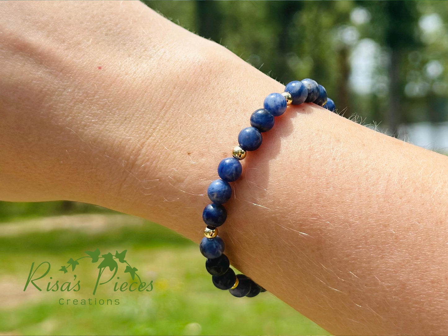 Still Waters Bracelet, Blue Sodalite & Gold Beaded Stretch Bracelet, Handmade Minimalist Gemstone Jewelry, Birthday Gift for Her, For Mom
