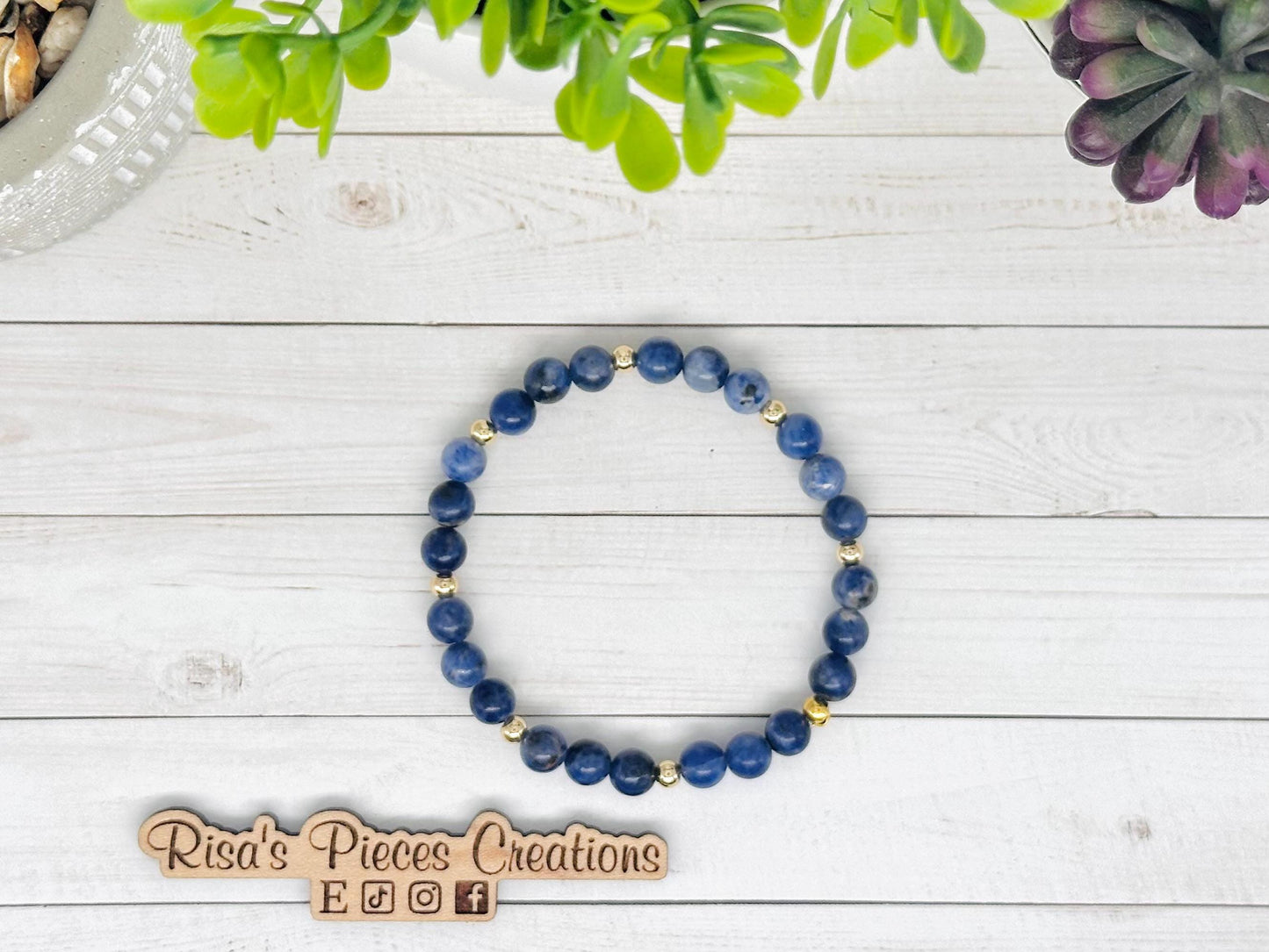 Still Waters Bracelet, Blue Sodalite & Gold Beaded Stretch Bracelet, Handmade Minimalist Gemstone Jewelry, Birthday Gift for Her, For Mom
