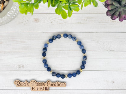 Still Waters Bracelet, Blue Sodalite & Gold Beaded Stretch Bracelet, Handmade Minimalist Gemstone Jewelry, Birthday Gift for Her, For Mom