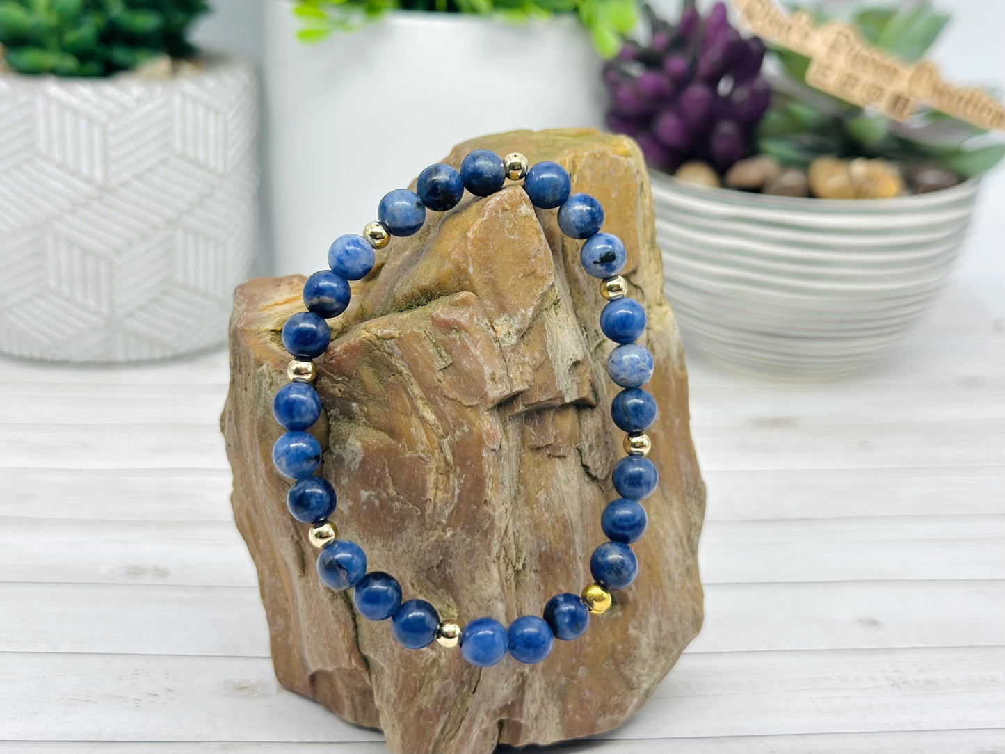Still Waters Bracelet, Blue Sodalite & Gold Beaded Stretch Bracelet, Handmade Minimalist Gemstone Jewelry, Birthday Gift for Her, For Mom
