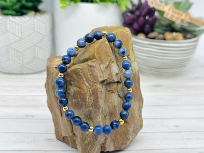 Still Waters Bracelet, Blue Sodalite & Gold Beaded Stretch Bracelet, Handmade Minimalist Gemstone Jewelry, Birthday Gift for Her, For Mom