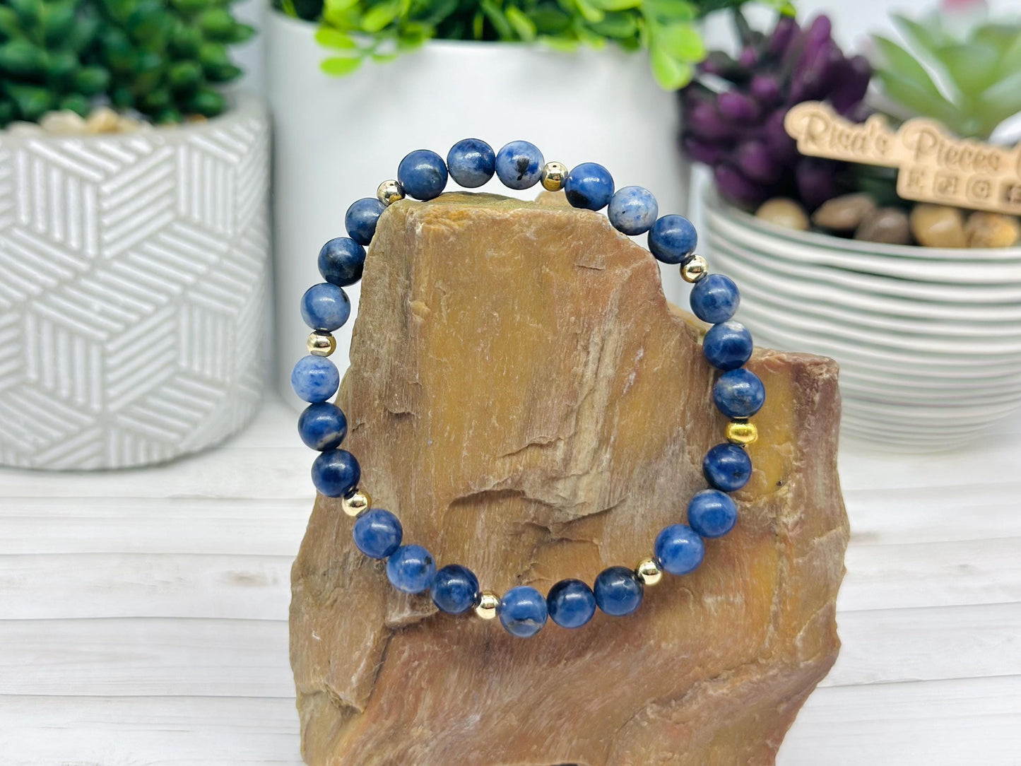 Still Waters Bracelet, Blue Sodalite & Gold Beaded Stretch Bracelet, Handmade Minimalist Gemstone Jewelry, Birthday Gift for Her, For Mom