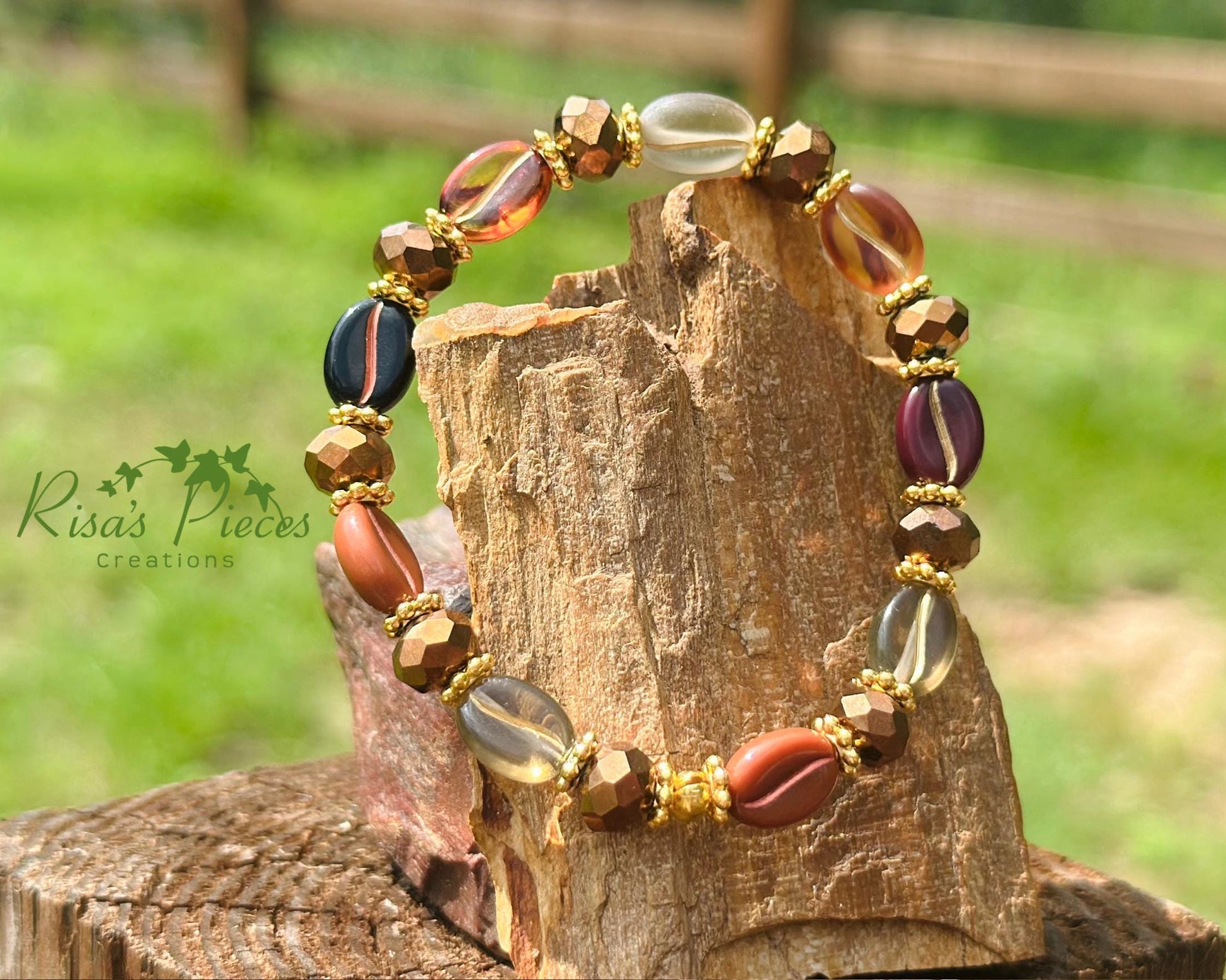 Café Mocha Beaded Stretch Bracelet, Coffee Bean Boho Bead Bracelet, Coffee Lover Gift, Handmade Jewelry, Teacher Appreciation Gift for Her