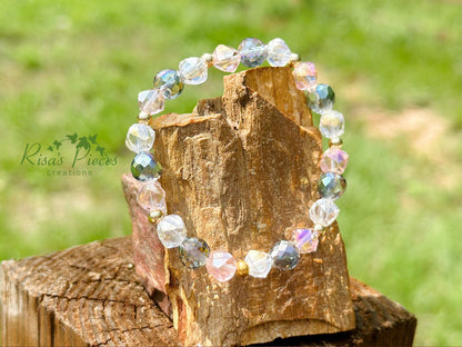 April Showers Crystal Beaded Bracelet, Iridescent Stretch Bracelet, Handmade Jewelry, Spring Gift for Her, Teacher Appreciation, Mothers Day