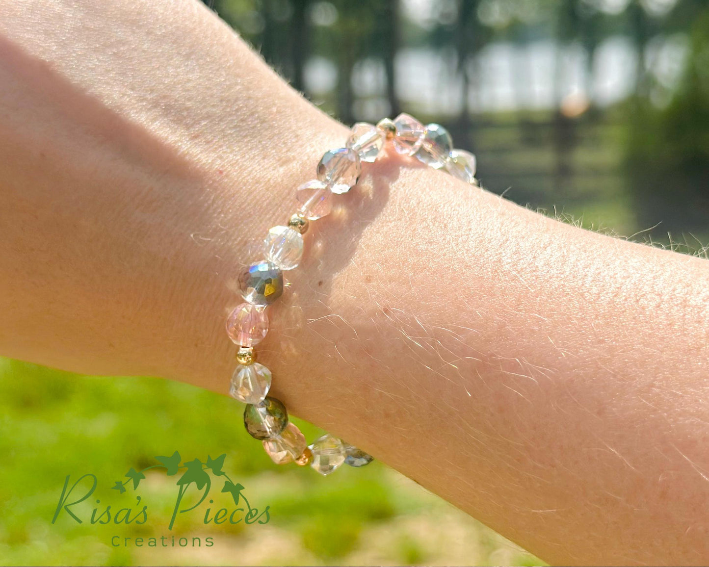 April Showers Crystal Beaded Bracelet, Iridescent Stretch Bracelet, Handmade Jewelry, Spring Gift for Her, Teacher Appreciation, Mothers Day